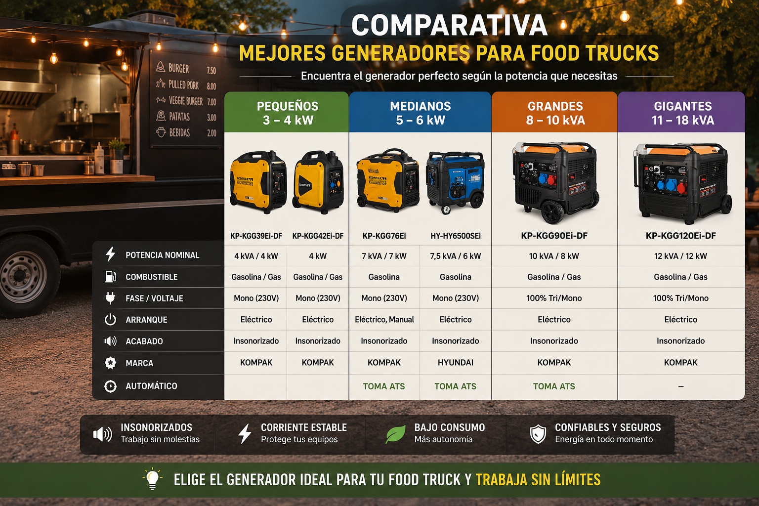 Comparativa de los mejores generadores para food trucks según potencia y uso