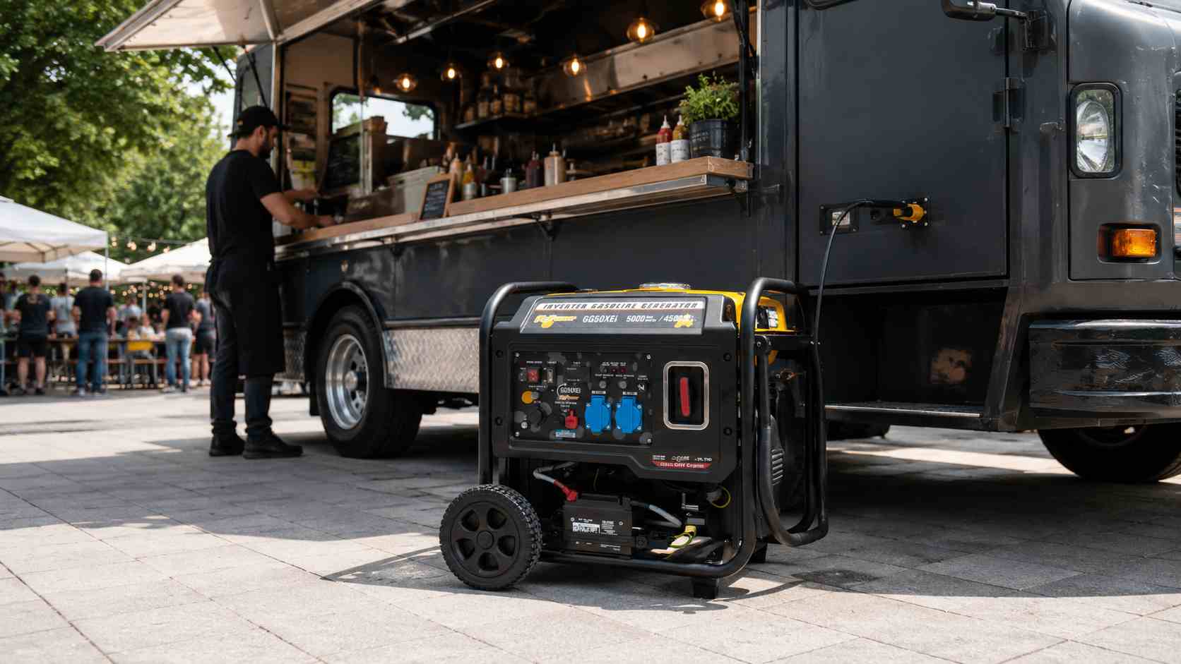 Generador eléctrico para food truck en funcionamiento junto a una food truck en exterior