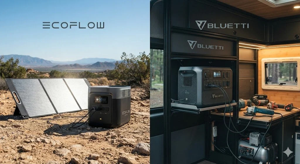 Comparativa de estaciones de energía portátiles EcoFlow vs Bluetti con paneles solares para furgoneta camper y hogar off-grid