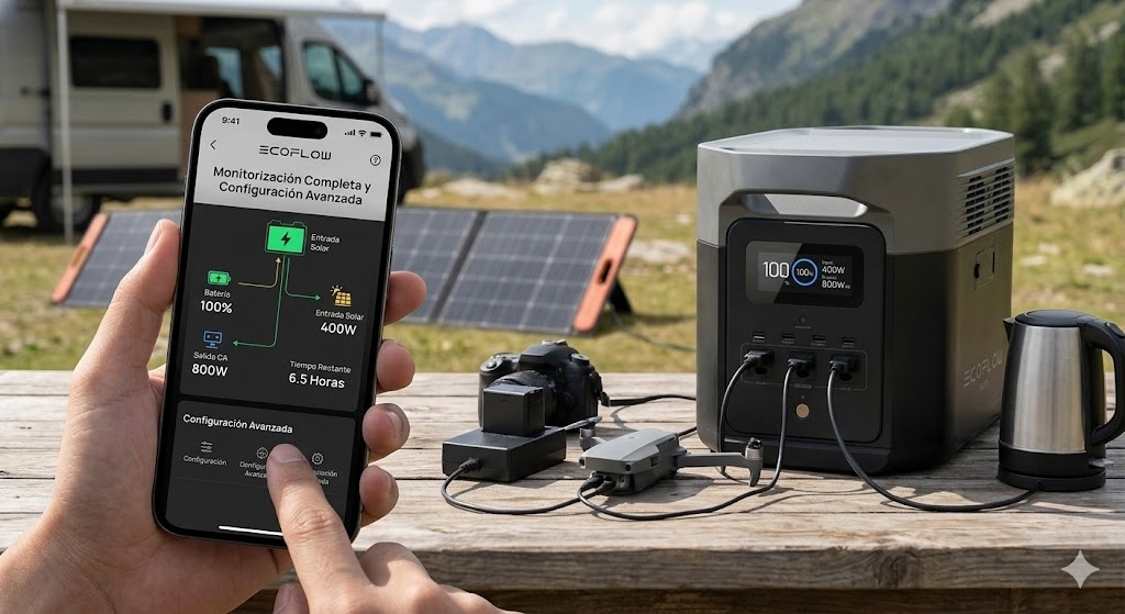 Control remoto por smartphone de la app EcoFlow y pantalla del generador