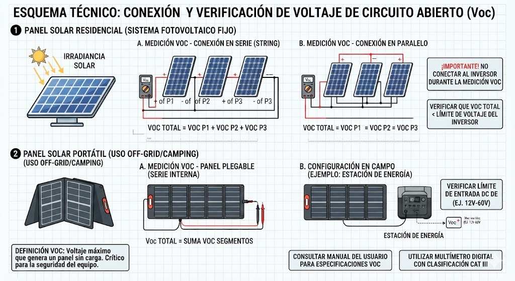 Esquema técnico de conexión de paneles solares y compatibilidad de voltaje Voc en estaciones de energía portátiles EcoFlow y Bluetti