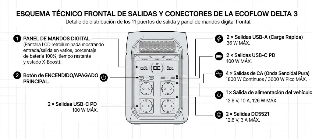 Esquema técnico frontal de salidas y conectores de la EcoFlow DELTA 3