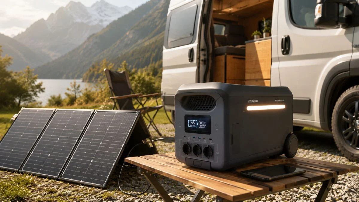 Estación de energía portátil conectada a paneles solares en una furgoneta camper