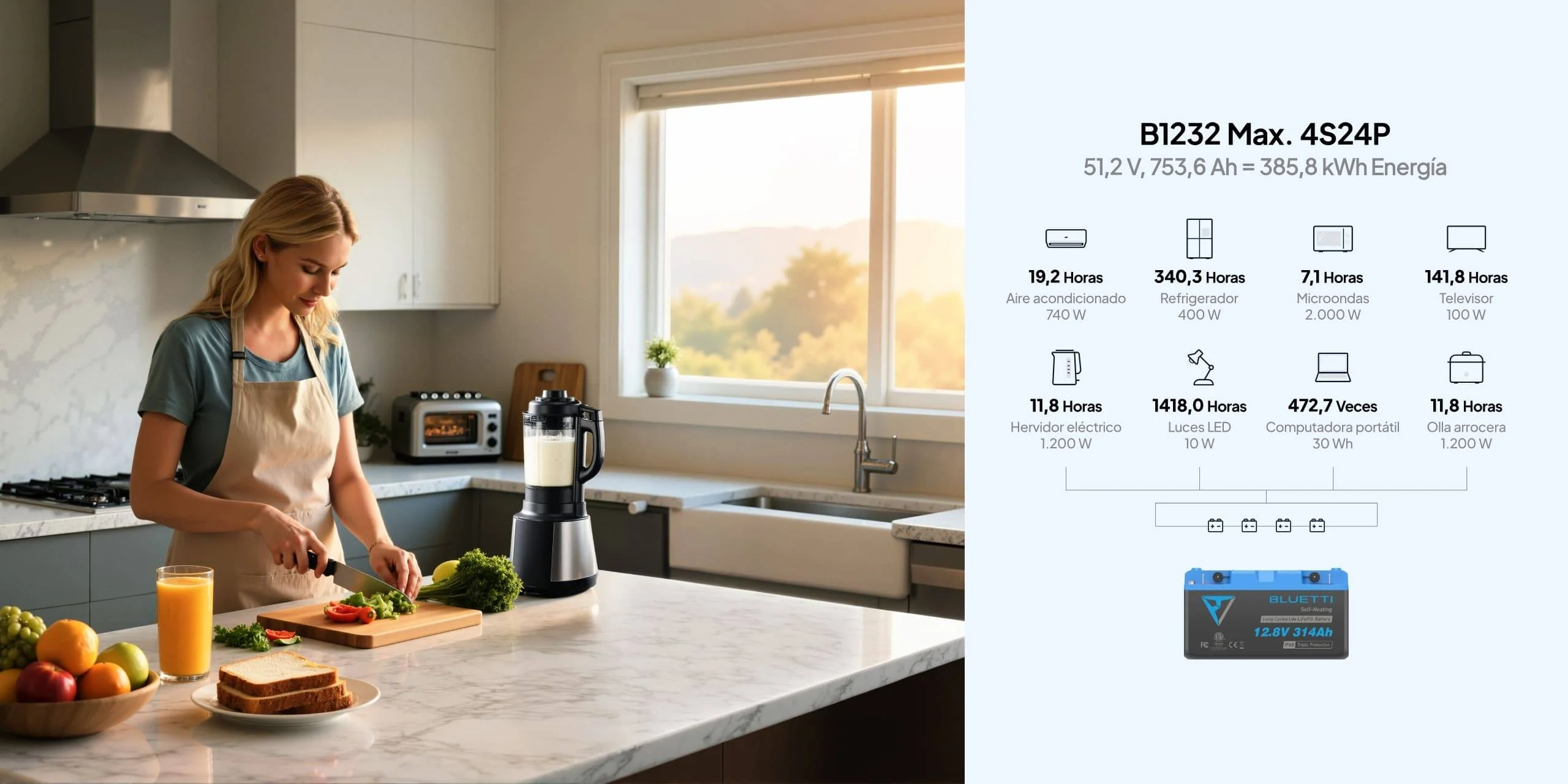 Horas de autonomía de la batería BLUETTI B1232 de 4019Wh según el dispositivo conectado