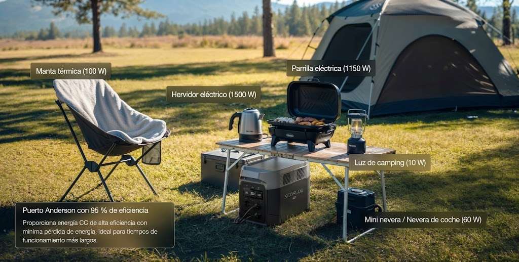 Dispositivos de camping que puede alimentar la estación EcoFlow DELTA 3 Max Plus