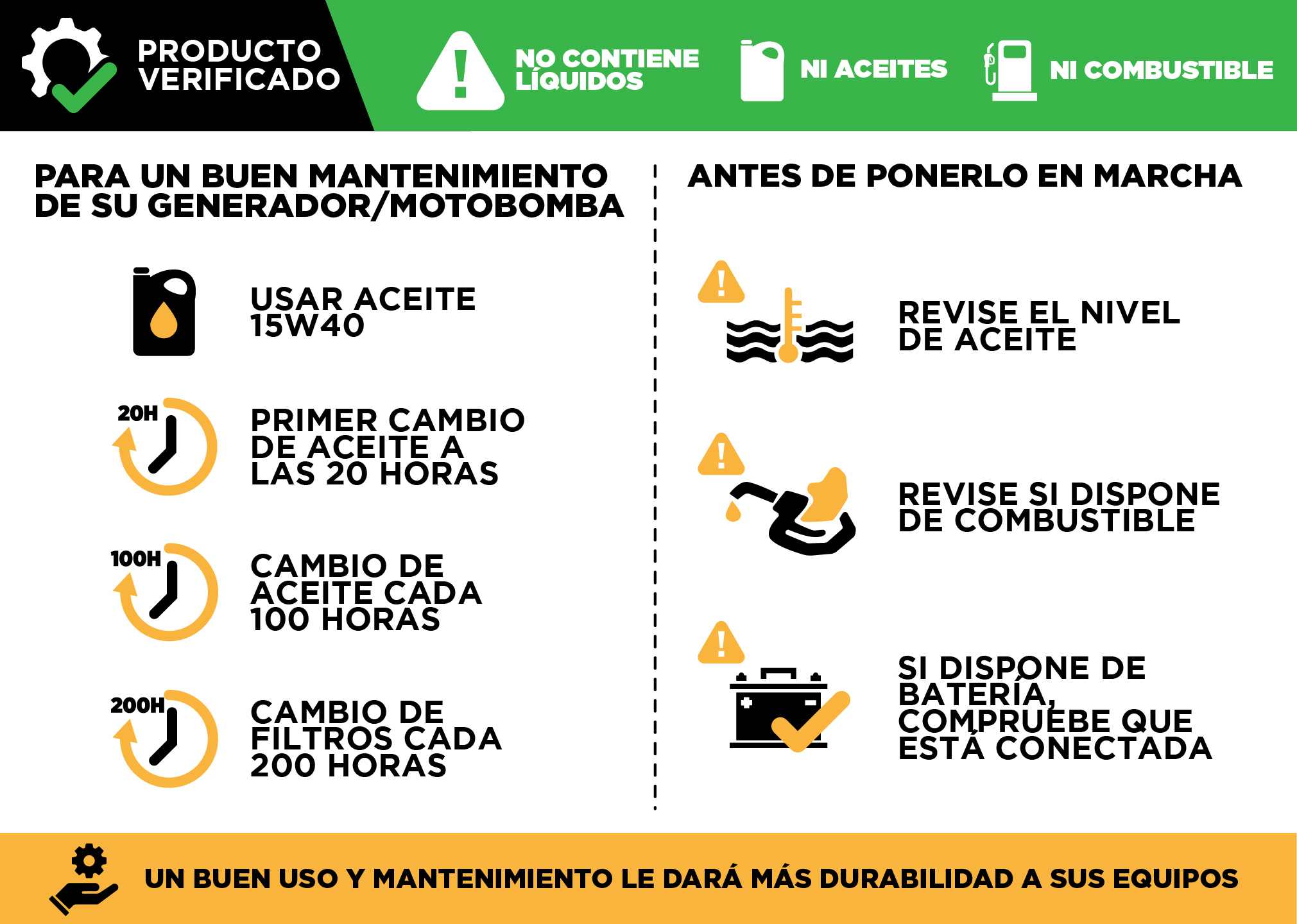 Guía de mantenimiento del generador: aceite 15W40, primer cambio a las 20 horas, cambio de aceite cada 100 horas y de filtros cada 200 horas