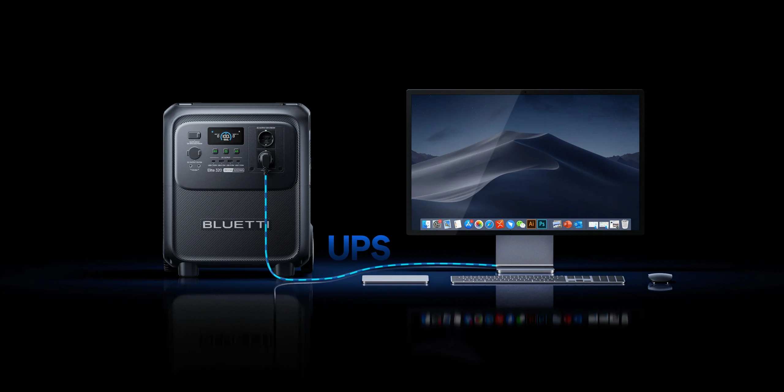 Función SAI de la estación de energía portátil BLUETTI Elite 320 protegiendo un ordenador