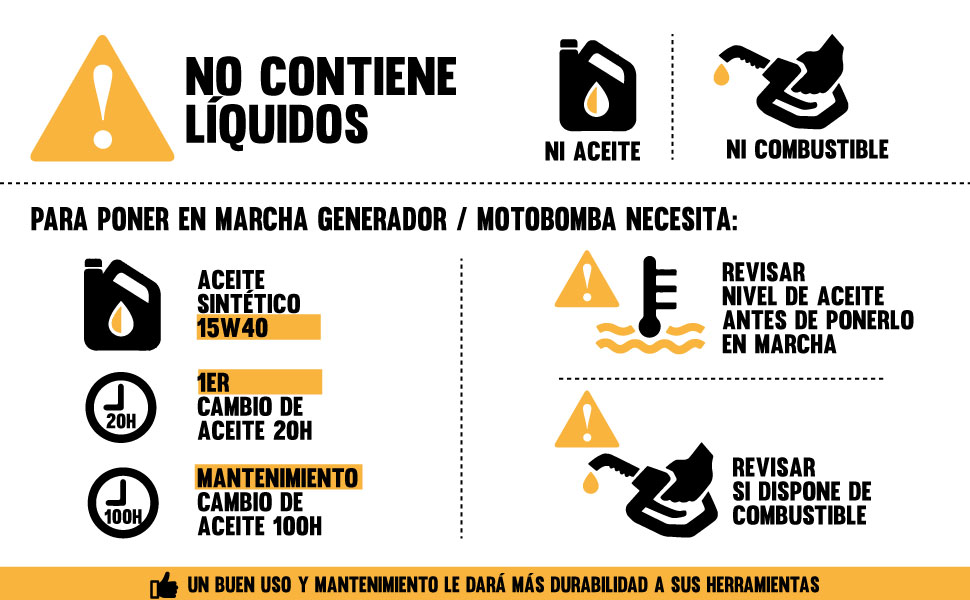 La motobomba se entrega sin aceite: hay que llenar el motor antes del primer arranque