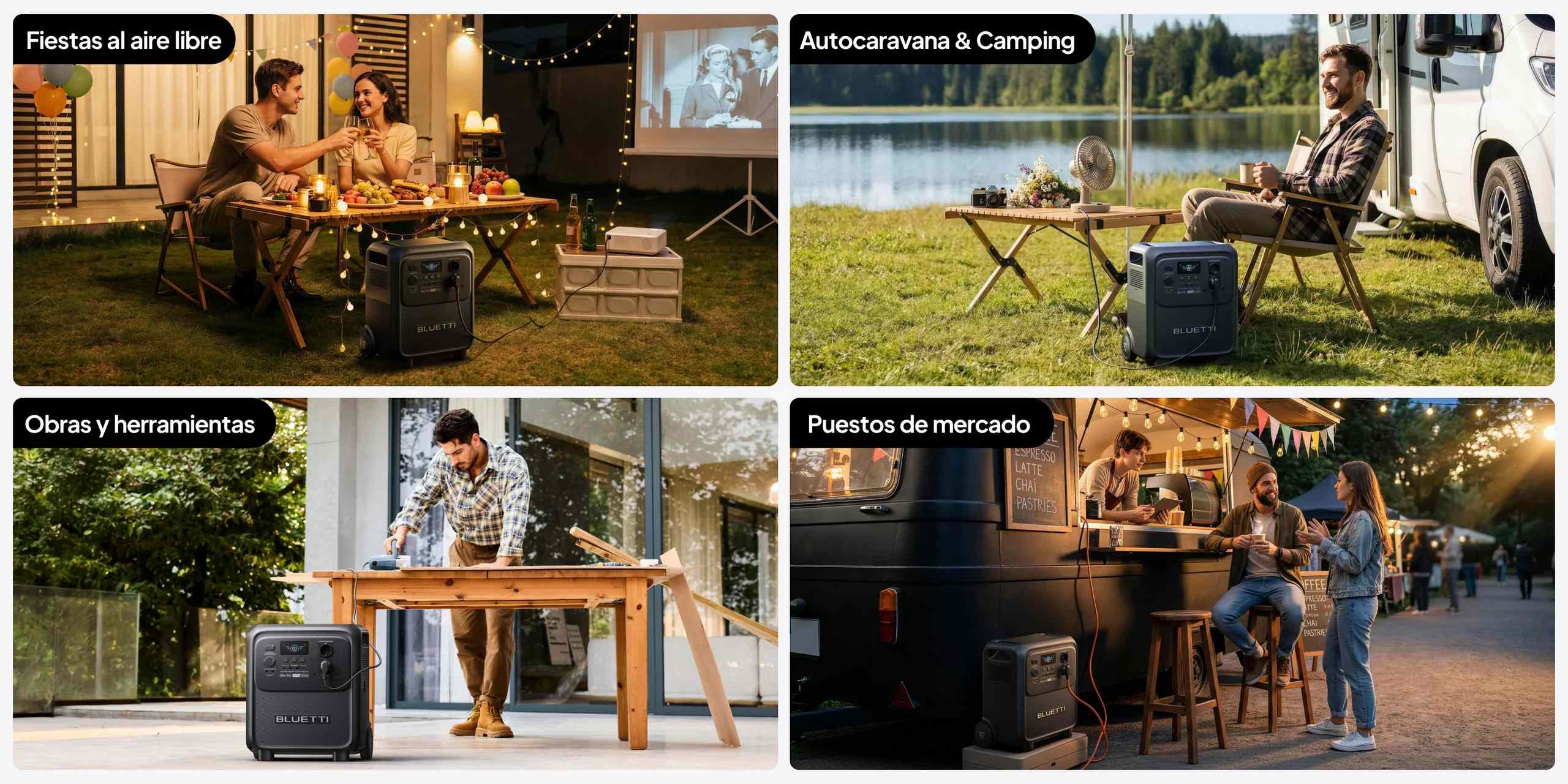 Escenarios de uso de la estación de energía portátil BLUETTI Elite 320: fiestas, autocaravana, obras y puestos de mercado