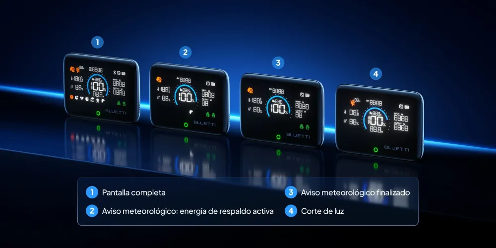 Las cuatro vistas de estado de la Bluetti Display 1: batería, funcionamiento, conexión y alertas