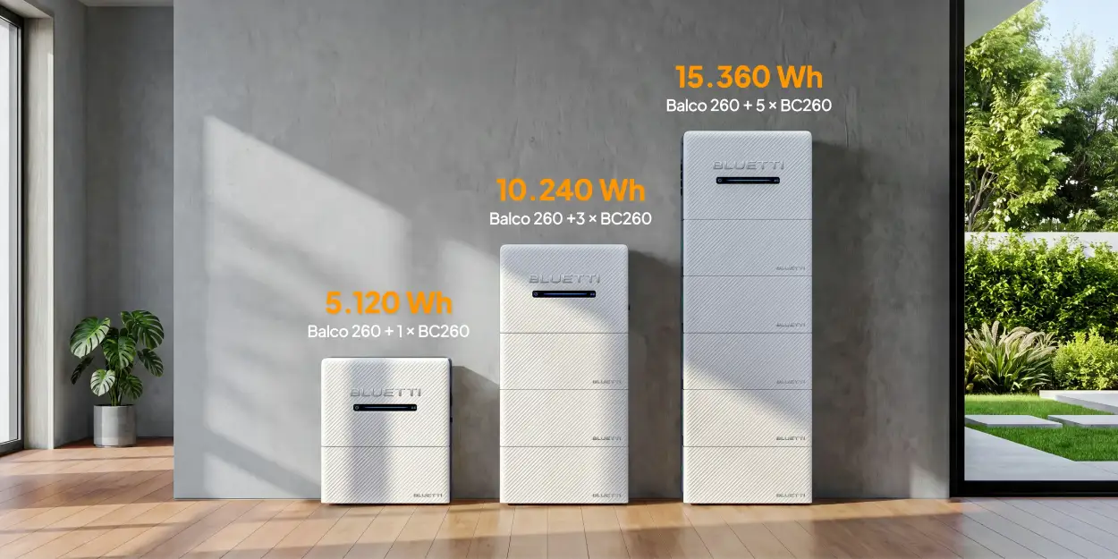 Kit Bluetti Balco 260 + BC260 apilado: sistema de almacenamiento fotovoltaico de 5.120 Wh ampliable hasta 15,36 kWh