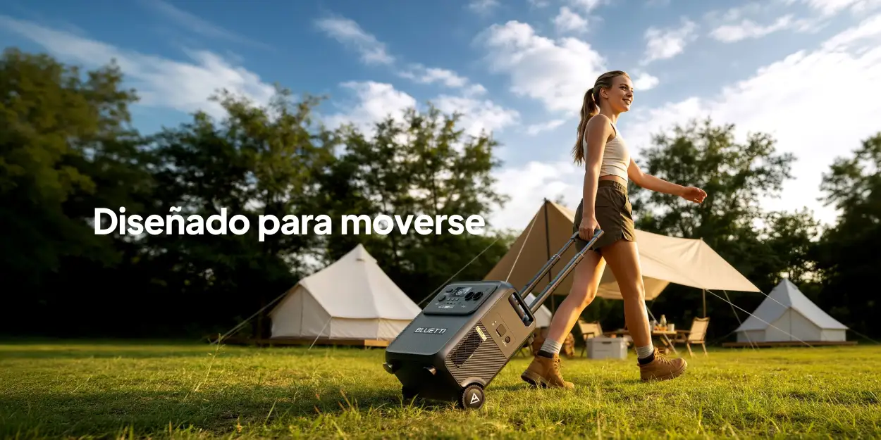 Bluetti Elite 400 con asa telescópica y ruedas, diseñada para moverse