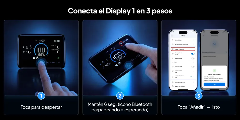 Cómo conectar la Bluetti Display 1 en tres pasos: tocar, mantener pulsado seis segundos y añadir en la app