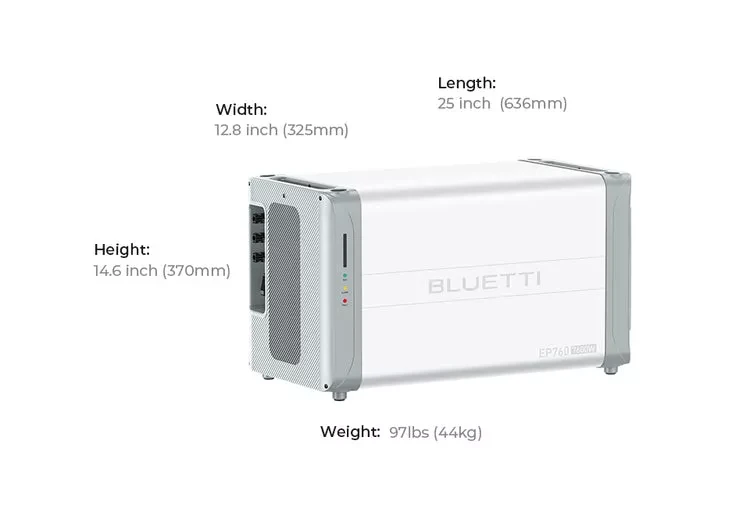 Medidas del Bluetti EP760 apilado con 3 baterías B500 y con el resto de configuraciones