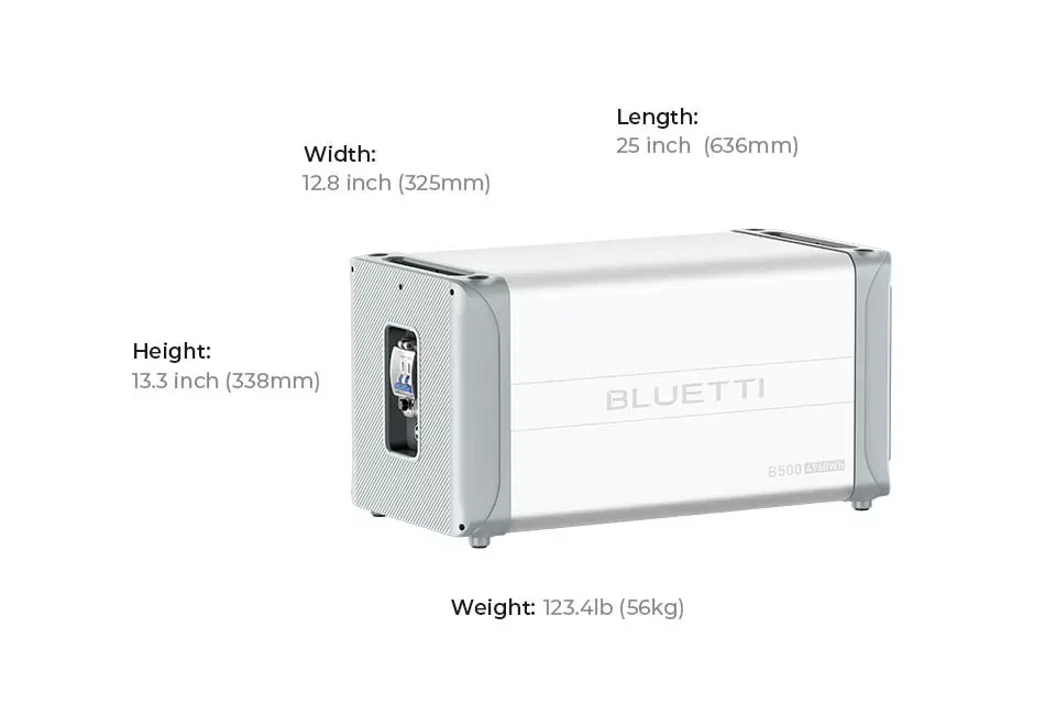 Dimensiones de la batería Bluetti B500: 636 × 325 × 338 mm y 56 kg