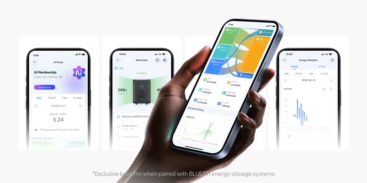 App BLUETTI mostrando consumo, estado de la batería y ahorro con el Balco Transfer Hub