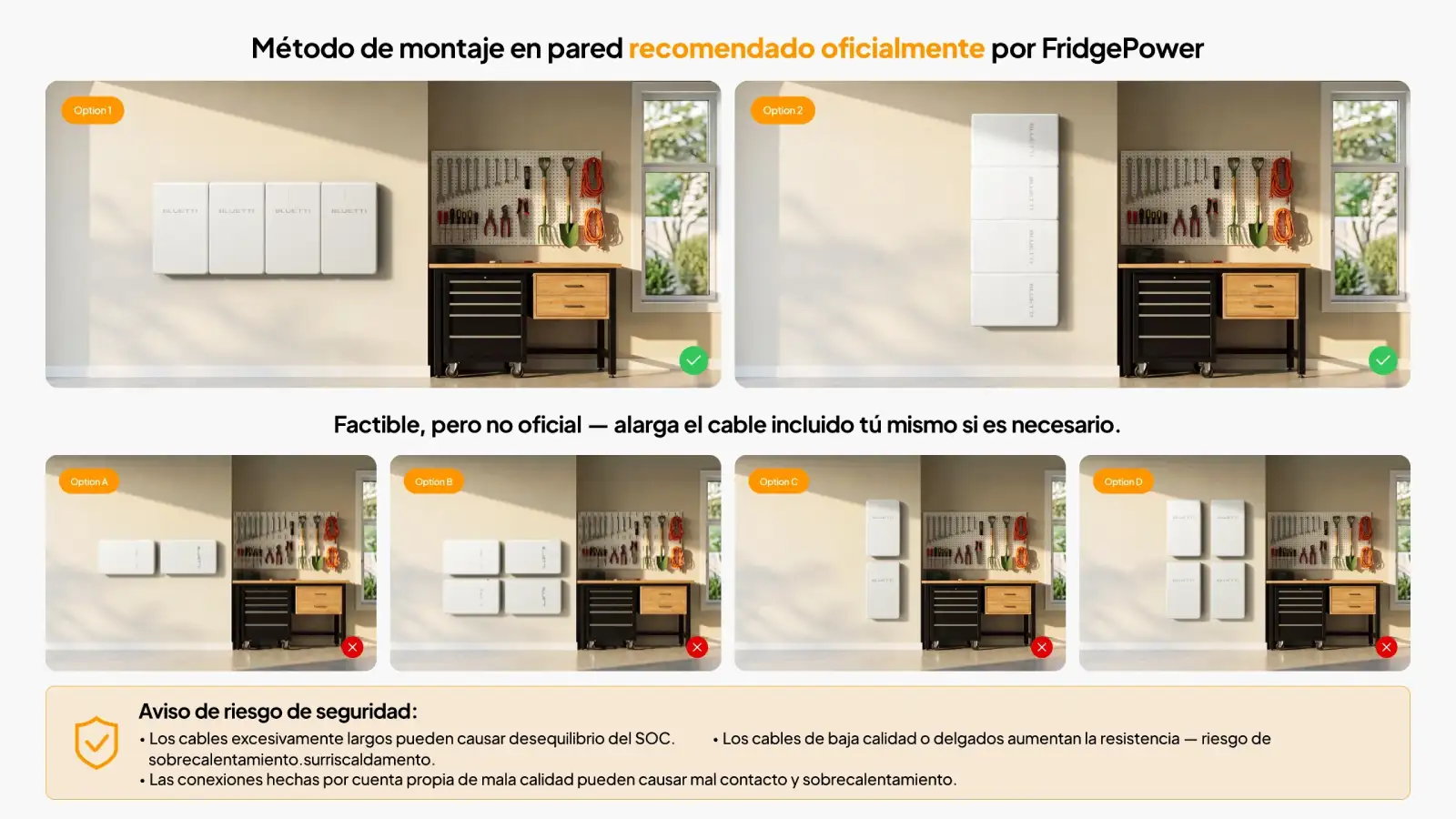 Método de montaje en pared recomendado para la Bluetti BlueCell 200 con los soportes incluidos