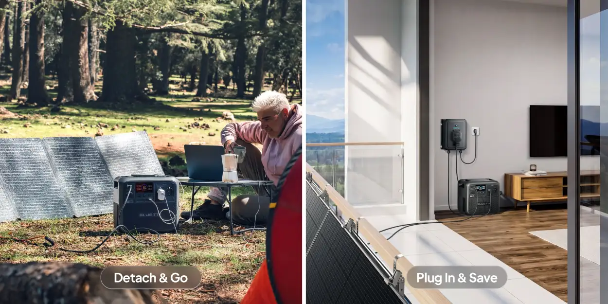 Estación BLUETTI conectada al Balco Transfer Hub en casa y, después, usada en una autocaravana