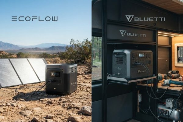 Comparativa de estaciones de energía portátiles EcoFlow vs Bluetti con paneles solares para furgoneta camper y hogar off-grid