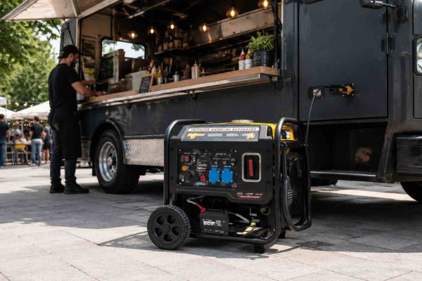 Generador eléctrico para food truck en funcionamiento junto a una food truck en exterior